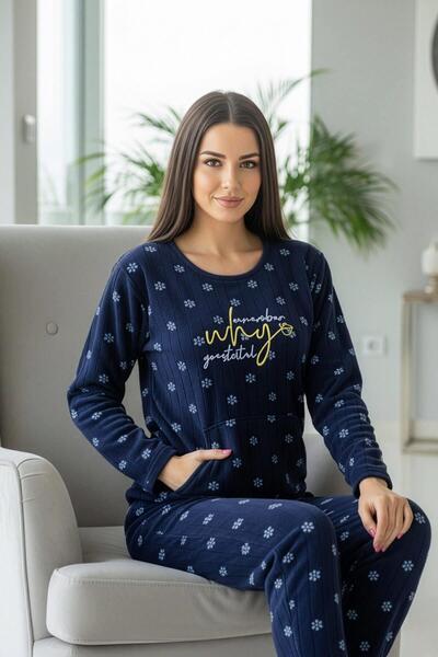 Pijamaevi Navy Blue Why Patterned Kangaroo Pocket Plush Fleece Pajama Set