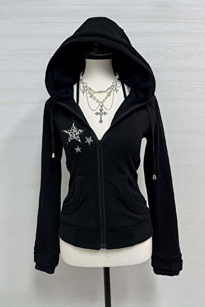 harmony factory Star Patterned Stars Hooded Sweatshirt Cardigan