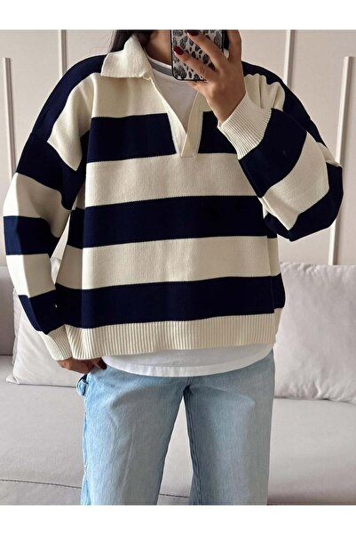 BELLA VESTA ATİELER supradimensionat Tricotaj cu guler polo în dungi – Design...