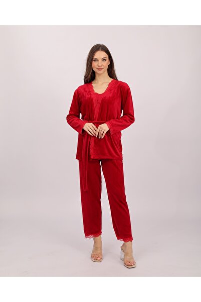 Clyfora Lace Trimmed 3-Piece Velvet Pajamas