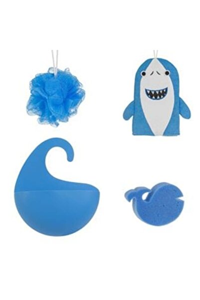 BAMI NETWORK Shark Bath Sponge Set in Blue Hanging Pouch for Children - 4pcs