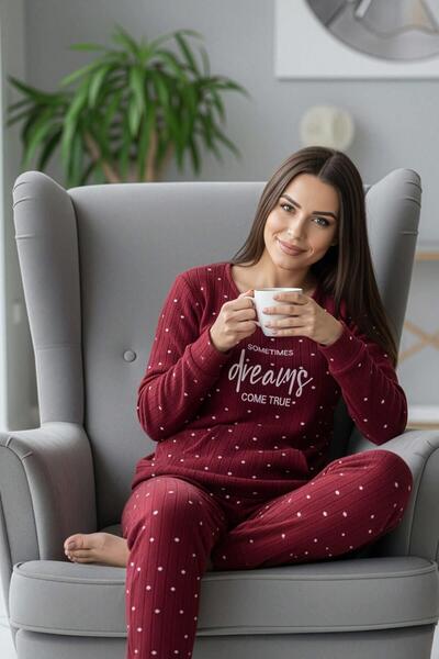 Pijamaevi Burgundy Dream Patterned Kangaroo Pocket Plush Fleece Pajama Set