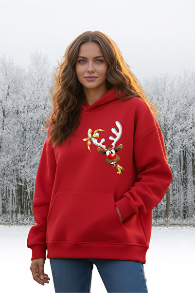 Windy Island Unisex Women/Men Oversized 100% Cotton'Deer' Printed Red Sweatshirt