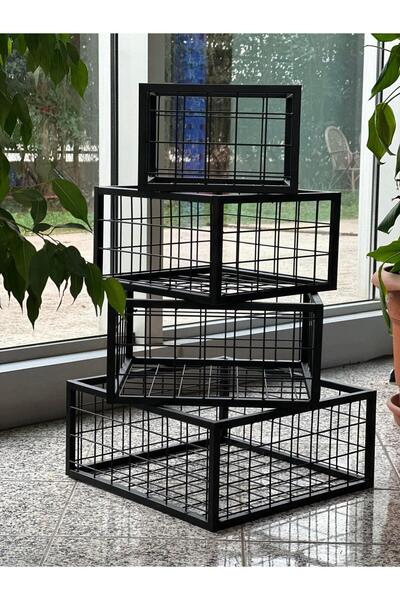 RafBurada Metal Tel Kasa Sepet - 4'lü Set - Depolama Kasası, Sele Sepet Siyah-30-35-40-45 cm H:40 cm