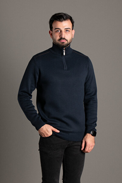 ZEKİ ÖZER Men's Dark Blue Zippered Stand-Up Collar Knitwear