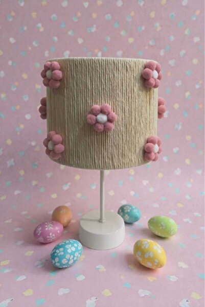 C&A&B KUZEY AVİZE Ekru Macrome Cylinder Rope Wraping Pink Flower Pompon Baby Girl and Girl Children's Room Lamp Shade
