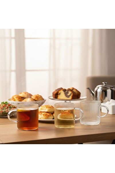 Saint Belisama Concept 3 Pcs Heat Resistant Borosilicate Glass Coffee Tea Cups with Striped Handle - 200ml Glass Tea Cup