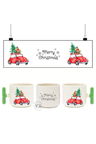 PRİNTOPİA DESİGN Red Vosvos & Christmas Tree Themed Ceramic Mug with Green t ...