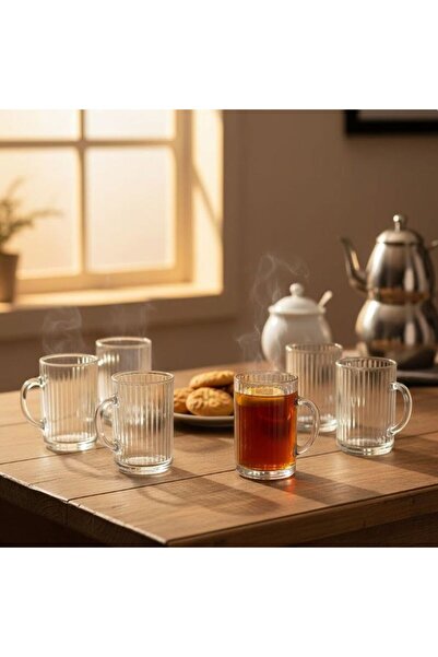 Saint Belisama Concept 6 Pcs Heat Resistant Borosilicate Glass Coffee Tea Cups with Striped Handle - 200ml Glass Tea Cup