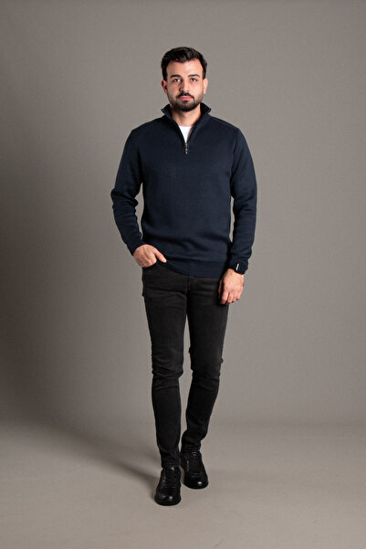 ZEKİ ÖZER Men's Dark Blue Zippered Stand-Up Collar Knitwear
