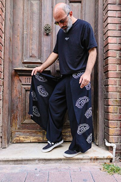 Oiki Unisex Siyah Önü Kapaklı Etnik Desenli Bel Lastikli Bohem Pantolon