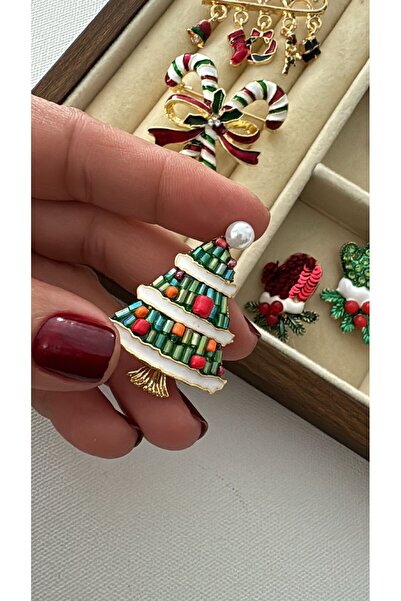 MeLunam Özel Seri Bomcuk İşlemeli Süslü Çam Ağacı Broş