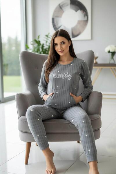 Pijamaevi Gray Wild Patterned Kangaroo Pocket Plush Fleece Pajama Set