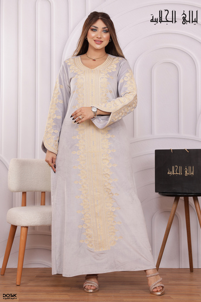 Lyaly aljlabyh Silver velvet jalabiya embroidered with gold - Light gray winter dress with royal gold embroidery