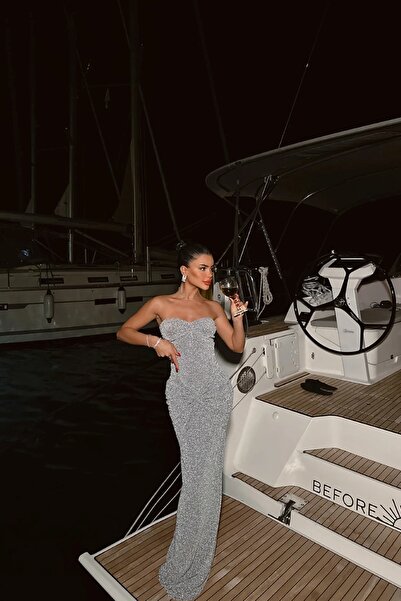 EMATTEIRO Rochie Lungă Argintie fără Bretele cu Paiete, Elegantă, pentru Even...