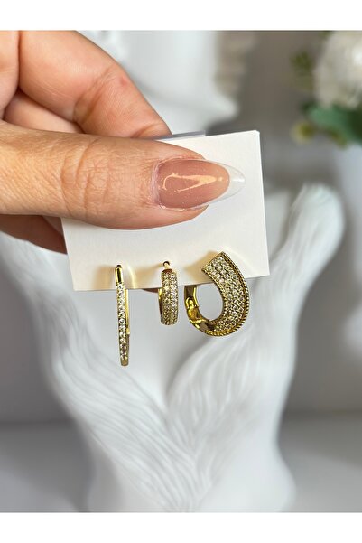 New Meluna Özel Seri Gold Üçlü Kadın Çelik Küpe Kararmaz Suya Dayanıklı Antia...