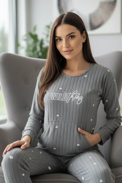 Pijamaevi Gray Wild Patterned Kangaroo Pocket Plush Fleece Pajama Set