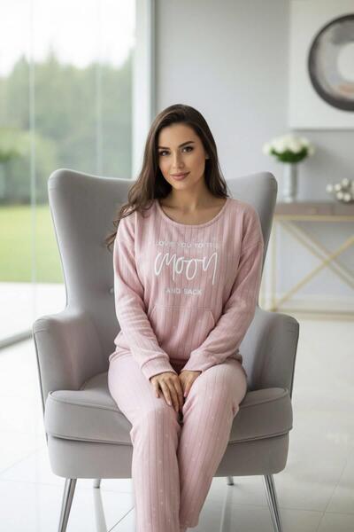 Pijamaevi Light Pink Moon Patterned Plush Fleece Pajama Set with Kangaroo Pocket