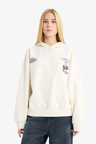 DeFacto G3198Axwt47 White Coool Hooded Back Printed Sweatshirt