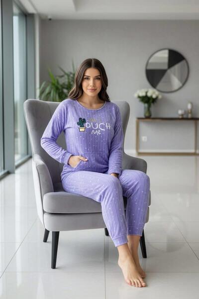 Pijamaevi Blue Touch Patterned Kangaroo Pocket Plush Fleece Pajama Set