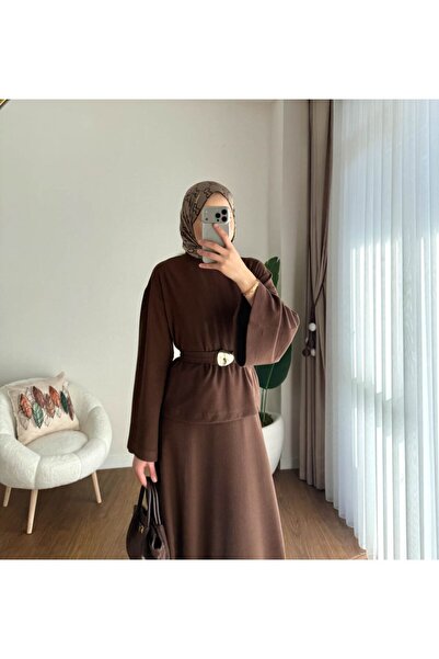 RFK Butik Women's Thessaloniki Fabric Belt Detailed Skirt Suit - Brown