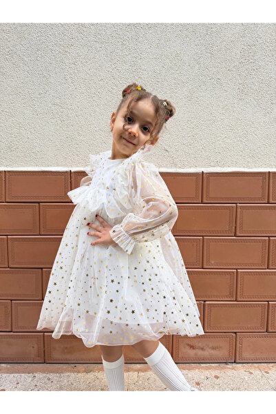 Minizade Baby Girls Children's Starry Tulle Long Sleeve Combed Cotton Lined Birthday Special Occasion Party Eid Dress
