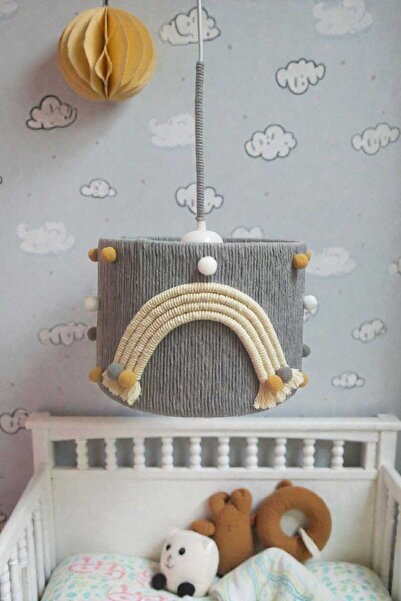 C&A&B KUZEY AVİZE Gri Makrome Ip Sargılı Beyaz Gökkuşağı Gri Vizon Ponponlu Kız Bebek Çocuk Odası Sarkıt Avize