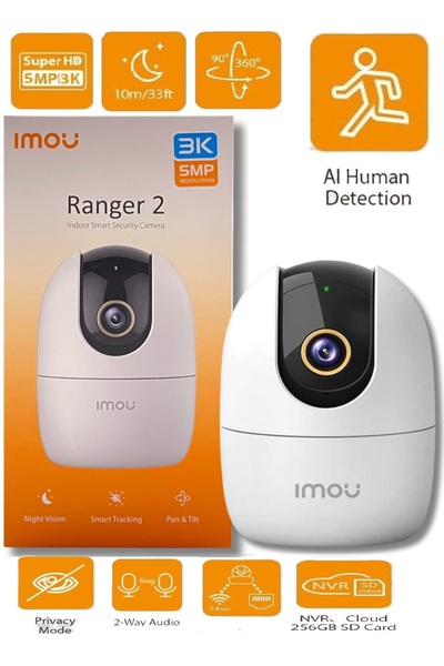 Imou 3K FHD 360 ْ Security Camera Supports Up to 256GB SD Card WiFi, Ethernet Connection Ranger2 5MP