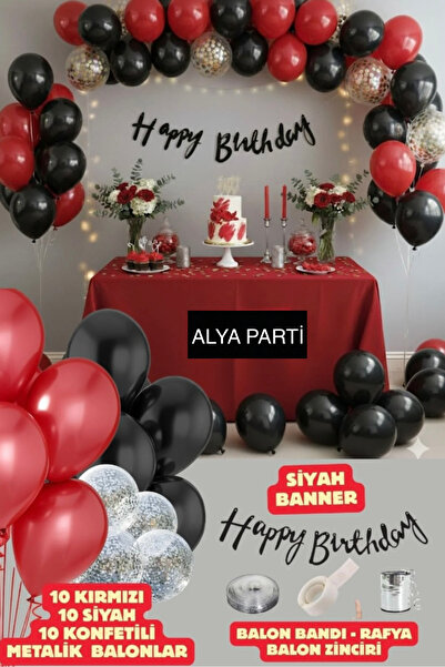 ALYA PARTİ Kırmızı Siyah Doğum Günü Balon Seti Doğum Günü Konsepti
