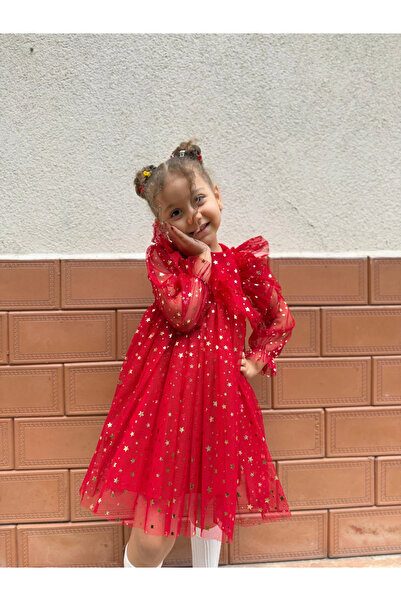 Minizade Baby Girls Children's Starry Tulle Long Sleeve Combed Cotton Lined Birthday Special Occasion Party Eid Dress