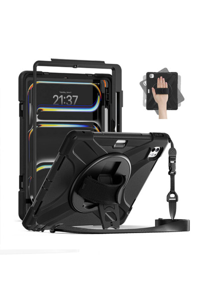 Fuchsia iPad Pro 13 2025 M5 Chip Compatible Defender Strap 360 ° Armor Tablet Case with Rotatable Stand