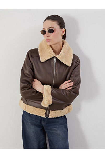 LC Waikiki Γυναικείο παλτό LCWAIKIKI Classic Brown Fur Collar εφέ δέρματος