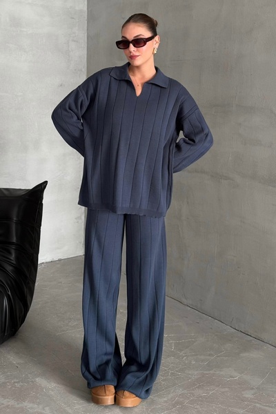 Laluvia Blue Polo Neck Knitwear Set - 4588