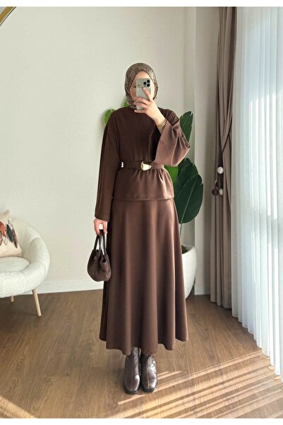 RFK Butik Women's Thessaloniki Fabric Belt Detailed Skirt Suit - Brown