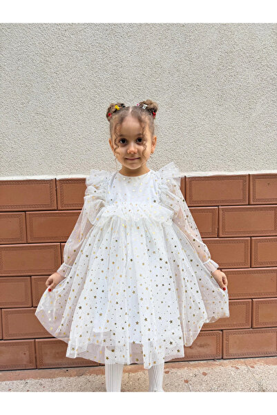 Minizade Baby Girls Children's Starry Tulle Long Sleeve Combed Cotton Lined Birthday Special Occasion Party Eid Dress