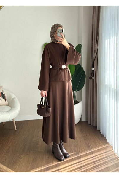 RFK Butik Women's Thessaloniki Fabric Belt Detailed Skirt Suit - Brown