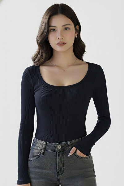 SWALORA U Neck Long Sleeve Corded Fabric Crop Blouse