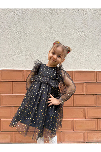 Minizade Baby Girls Children's Starry Tulle Long Sleeve Combed Cotton Lined Birthday Special Occasion Party Eid Dress