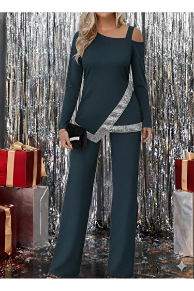 BALCI Women's One-Shoulder Open Long-Sleeved Front Sequined Imported Crepe Blouse and Pants