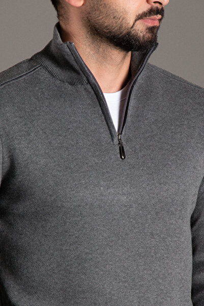 ZEKİ ÖZER Men's Anthracite Zip-Up Stand-Up Collar Knitwear