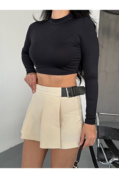 LB Laluna Butik Women's Belt Detailed Pleated Skirt with Shorts on the Back