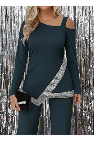 BALCI Women's One-Shoulder Open Long-Sleeved Front Sequined Imported Crepe Blouse and Pants