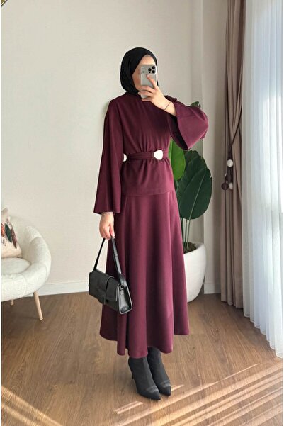 RFK Butik Women's Thessaloniki Fabric Belt Detailed Skirt Suit - Burgundy