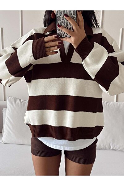 BELLA VESTA ATİELER Oversize Çizgili Polo Yaka Triko Sweater – Günlük Şık Tasarım