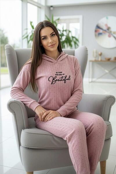 Pijamaevi Powder Pink Beautiful Patterned Hooded Plush Fleece Pajama Set