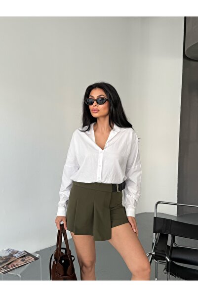 LB Laluna Butik Women's Belt Detailed Pleated Skirt with Shorts on the Back