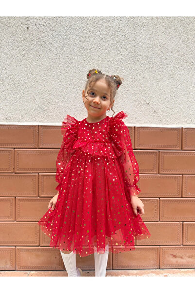 Minizade Baby Girls Children's Starry Tulle Long Sleeve Combed Cotton Lined Birthday Special Occasion Party Eid Dress