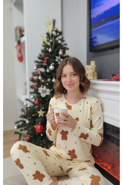 moda felinya Women's Cotton Fabric Micro Suede Beige Bear Patterned Pajama Set