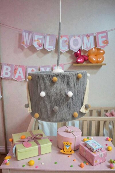 C&A&B KUZEY AVİZE Gri Makrome Ip Sargılı Beyaz Gökkuşağı Gri Vizon Ponponlu Kız Bebek Çocuk Odası Sarkıt Avize