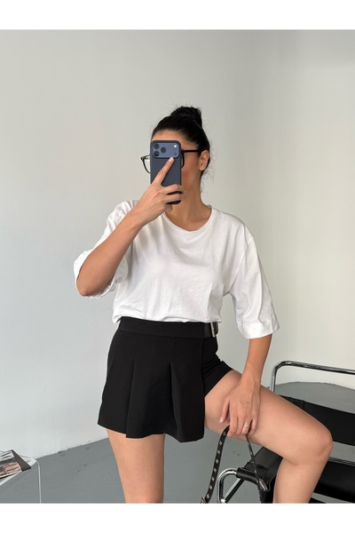 LB Laluna Butik Women's Belt Detailed Pleated Skirt with Shorts on the Back